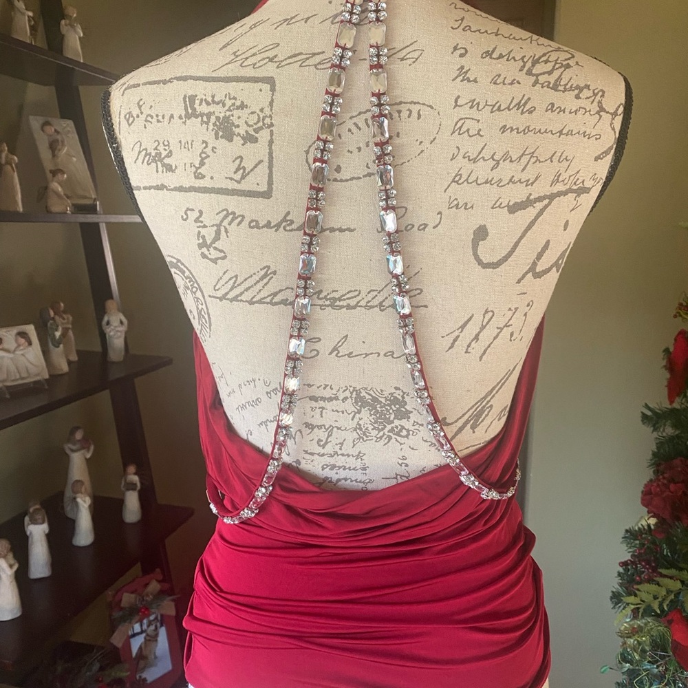 EUC Gorgeous, worn 1x cranberry red wrap front halter top w/jeweled strappy back